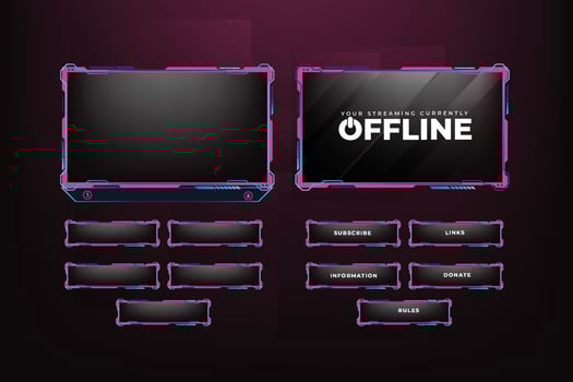 Girly gaming screen panel with pink and dark colors. Online streaming overlay decoration with abstract shapes. Live streaming overlay design with futuristic shapes and buttons. Broadcast overlay. vector