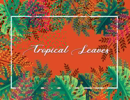 Bright orange background with tropical leaves vector