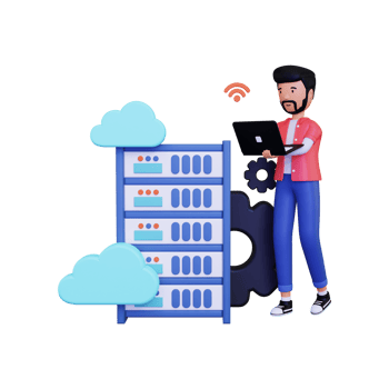 3d Man doing Cloud hosting with using laptop png