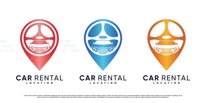 Car rental logo design with steering wheel icon and creative element Premium Vector