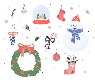 Vector set of cute christmas elements snowman, santa claus sock, christmas tree, christmas tree decorations, snowflakes.
