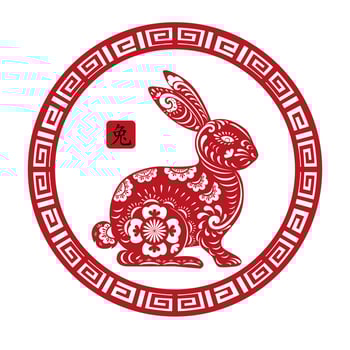 2023 Year of rabbit,Paper art cut with traditional lantern in round shape on white background,Chinese zodiac, Easter Bunny with Floral fancy hare with laser cut pattern for die cutting or template vector