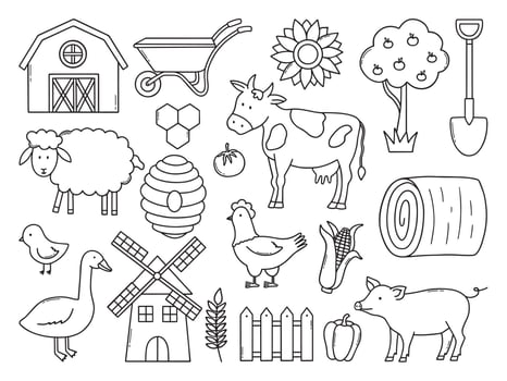 Hand drawn set of farm and agriculture doodle. Domesticated birds and Farmer animals in sketch style. vector