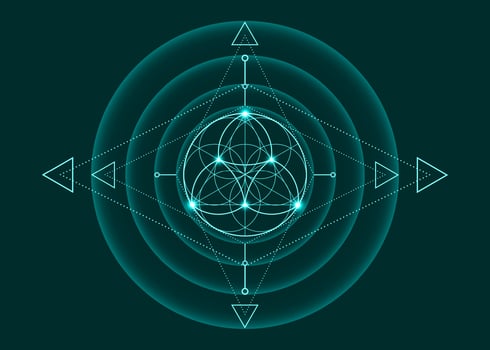 Sacred Geometry, Flower of Life, lotus flower mandala. Neon vintage logo Symbol of Harmony and Balance, Glowing Geometrical Ornament, yoga relax, vector isolated on old green background