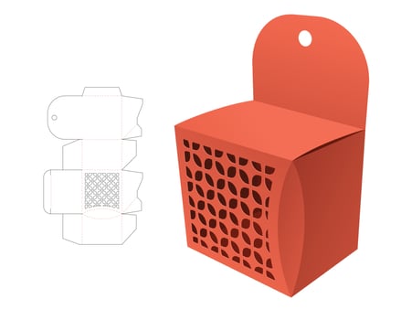 Mini hanging chamfered corner box with geometric window die cut template and 3D mockup vector