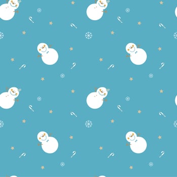 seamless hand drawing snowman, candy cane,star, snowflake repeat pattern in blue background, holiday winter season weather element, merry christmas and happy new year, flat vector illustration design