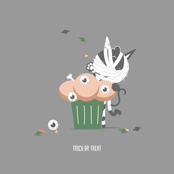 happy halloween holiday festival with cute mummy cat and eyeball cupcake, flat vector illustration cartoon character design