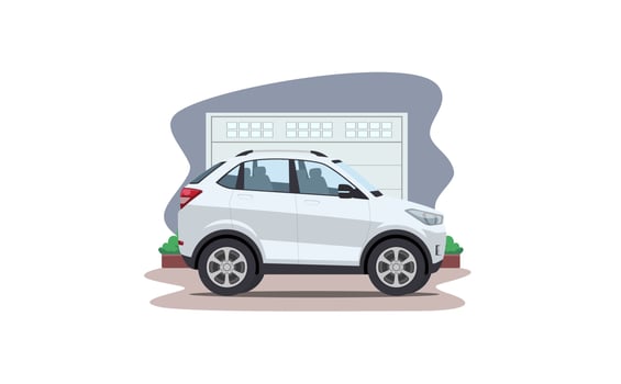 cartoon suv car in front of garage vector illustration