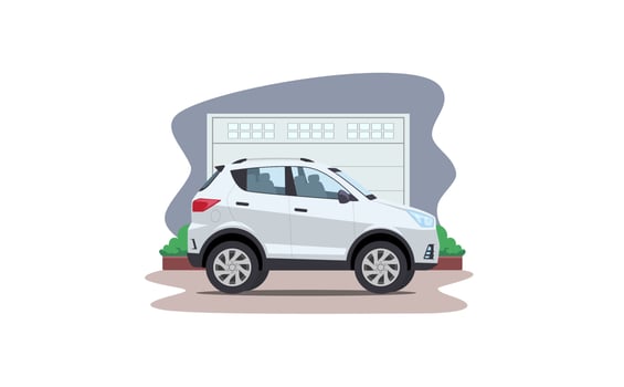 cartoon suv car in front of garage vector illustration