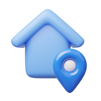 3d blue house, location pin icon. Cute home with GPS navigator checking points floating. Business investment, real estate, mortgage, loan concept. Cartoon icon minimal style. 3d render illustration. png