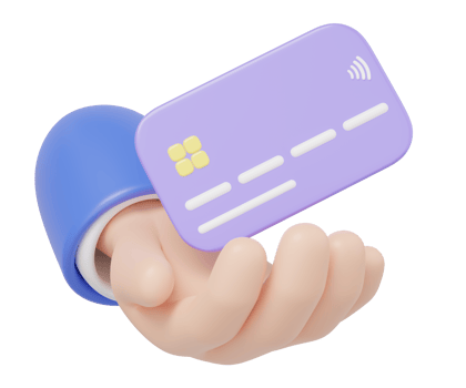 3D Hand holding purple credit card and floating isolated on transparent. Online store credit or debit cards accept. Withdraw money, Easy shop, Cashless society concept. Cartoon minimal 3d render. png