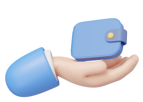 3D Wallet floating in hand isolated on transparent. Business man holding purse icon. Mobile banking, online service, cashback, refund, loan concept. Saving money wealth. Cartoon style. 3d render. png