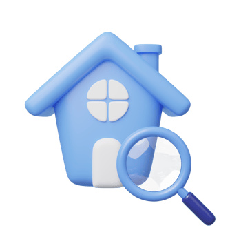 3D house search icon. Cute home, Magnifying glass isolated on transparent. Business investment, real estate, inspection, find, research concept. Cartoon icon minimal style. 3d render illustration. png