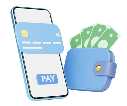 3d Phone with pay button credit card, wallet, bank floating on transparent. Mobile banking, Online payment service. Withdraw money, Easy shop, Cashless society concept. Cartoon minimal 3d render. png