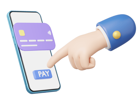 3D Hand press pay button icon. Phone with credit card float on transparent. Mobile banking, Online payment service. Withdraw money, Easy shop, Cashless society concept. Cartoon minimal 3d render. png