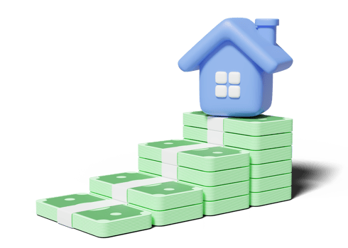 3d Blue house on bundles banknote stack. Home model icon with windows, cash dollar on transparent. Financial investment growth concept. Mockup cartoon icon minimal style. 3d render illustration png