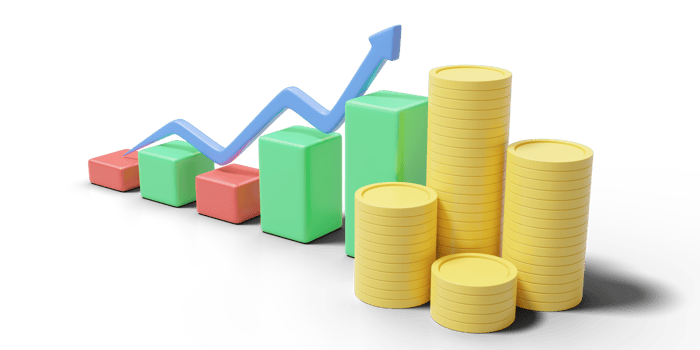 Business graph growth with higher arrow on transparent. Minimal coin stacks. Financial investment trade, saving money concept. Dashboard finance report. Bank deposit in mobile banking. 3d render png