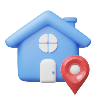 3d blue house, red location pin icon. Cute home with GPS navigator checking points float. Business investment, real estate, mortgage, loan concept. Cartoon icon minimal style. 3d render illustration. png