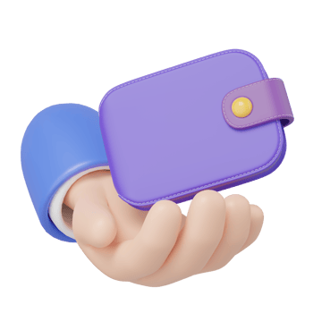 3D Wallet floating in hand isolated on transparent. Business man holding purple purse icon. Mobile banking, online service, cashback, refund, loan concept. Saving money wealth. Cartoon 3d render. png