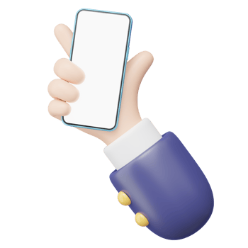 3D Mobile phone in human hand icon. Businessman wearing suit holding blue smartphone blank white screen floating isolated. Mockup space for display application. Business cartoon style. 3d icon render. png