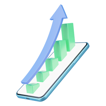 Green business graph growth with higher arrow on smartphone screen on transparent. Financial investment trade. Increase of chart positive indicators. Bank deposit in mobile banking. 3d rendering. png