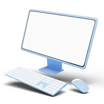3d Computer monitor, wireless mouse, keyboard float on transparent. Social media marketing online, e commerce, Website digital store, shop app concept. Desktop mockup blank white screen. 3d render png
