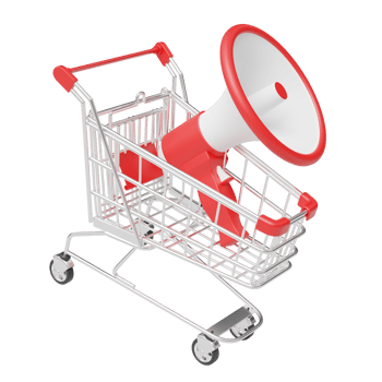 3d Shop trolley icon. White Shopping cart with red megaphone float isolated on transparent. Digital market online, e commerce concept. Sale promotion. Business cartoon style. 3d render. png