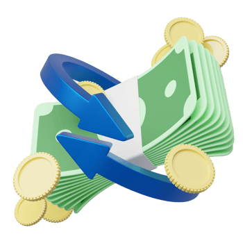 3d Arrow circle icon, bundles cash money, coins floating on transparent. Mobile banking, Online payment service. Cashback and refund. Transfer banknote. Currency exchange. Saving dollar. 3d render png