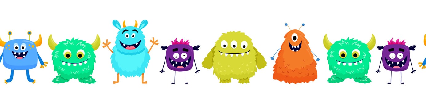 Seamless border with cute colorful monsters. Funny cool cartoon fluffy monster, aliens or fantasy animals for childish cards and books. Vector endless border on white background.
