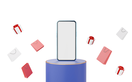 Blue mobile phone on cylinder podium with gold border, paper shop bag, gift box on background. Digital market online, e commerce concept. Sale promotion. smartphone with blank white screen. 3d render. png