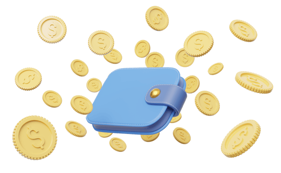 Gold coin spread flew out of wallet float on transparent. mobile banking and Online payment service. Save dollar coin in money box. Saving money wealth and business financial concept. 3d render. png