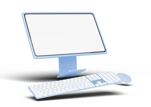 Computer monitor with wireless mouse, keyboard float on transparent. Social media marketing online, e commerce, Website digital store, shop app concept. Desktop blank white screen. 3d render. png