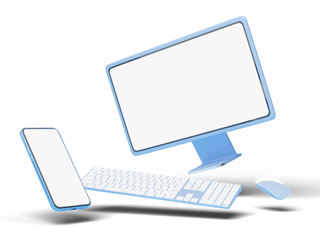 Computer monitor with wireless mouse, keyboard, phone float on transparent. Social media marketing online, e commerce, digital store, shop app concept. Desktop blank white screen. 3d render. png