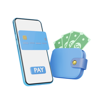 Phone with credit card, wallet, bank floating on transparent. Mobile banking and Online payment service. Saving money wealth,  business financial concept. Smartphone transfer online. 3d render. png