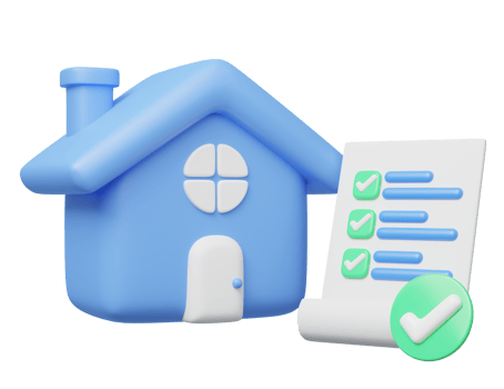 3d blue house, paper sheets, check marks icon. Home model, checklist floating on transparent. Approved document. Home Inspection concept. Mockup cartoon icon minimal style. 3d render illustration. png