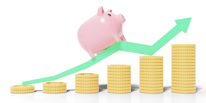 Gold coins stack with pink piggy bank running on green arrow up on transparent. Online banking and payment service. Steps to success. Saving money wealth and business financial concept. 3d render png