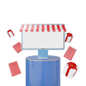 Blue computer monitor on cylinder podium with gold border, paper shop bag, gift box on background. Digital market online, e commerce concept. Sale promotion. Desktop with blank white screen. 3d render png