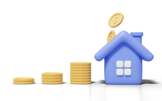 3d Gold coins stack and falling into blue house on transparent. Home model with windows, door icon. Financial investment growth concept. Mockup cartoon icon minimal style. 3d render illustration png
