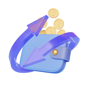 Gold coin falling into wallet floating on transparent. Mobile banking and Online payment service. Transfer arrows icon. Cashback and refund. Saving money wealth and business concept. 3d render. png
