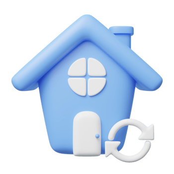 3d blue house with windows, door icon. home model, round arrow floating on transparent. Business about investment, real estate, mortgage. Mockup cartoon icon minimal style. 3d render illustration. png