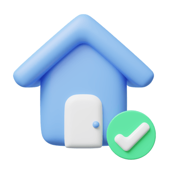 3d blue house with windows, door icon. home model, check marks floating on transparent. Business investment. Home Inspection concept. Mockup cartoon icon minimal style. 3d render illustration. png