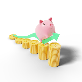 Gold coins stack with pink piggy bank running on green arrow up on transparent. Online banking and payment service. Steps to success. Saving money wealth and business financial concept. 3d render png