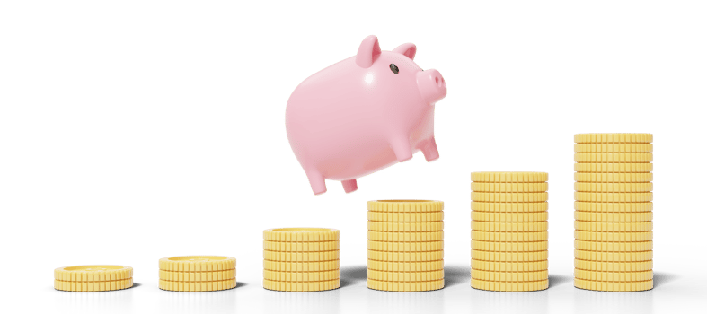 Gold coins stack with pink piggy bank floating on transparent. mobile banking and Online payment service. Save dollar coin in Pig box. Saving money wealth and business financial concept. 3d render png