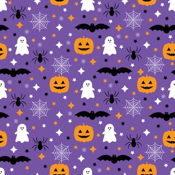 Seamless pattern with pumpkins, bats, spider, ghost. Halloween background. Vector illustration.