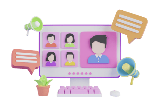 3D illustration of Online Meeting, online work conference concept. home video call, Briefing, Teamwork Concept with 3d shapes, chat box, cog, infographic. 3d rendering png