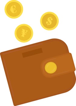 Brown wallet with gold coins. Gold coins fly into the wallet. Vector illustration on a white background, money saving ideas, cash income, financial success, enrichment, salary income icon.