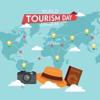 World Tourism Day September 27th with travel maps and hat camera passport travel gears illustration on isolated background vector