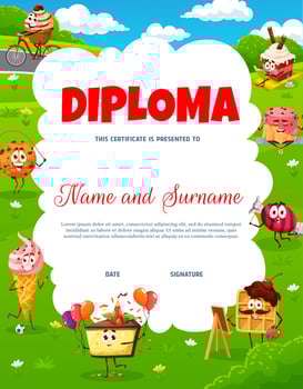 Kids diploma with cartoon desserts characters vector