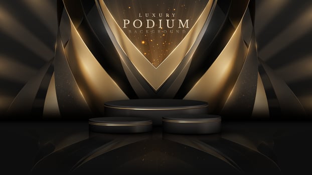 Product display podium with golden curve line decoration and glitter light effect elements and star. Black luxury background. vector