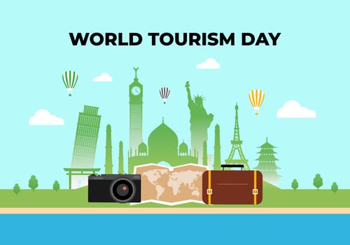 World tourism day background banner poster with camera, map, suitcase and tourist icon landmark on september 27. vector